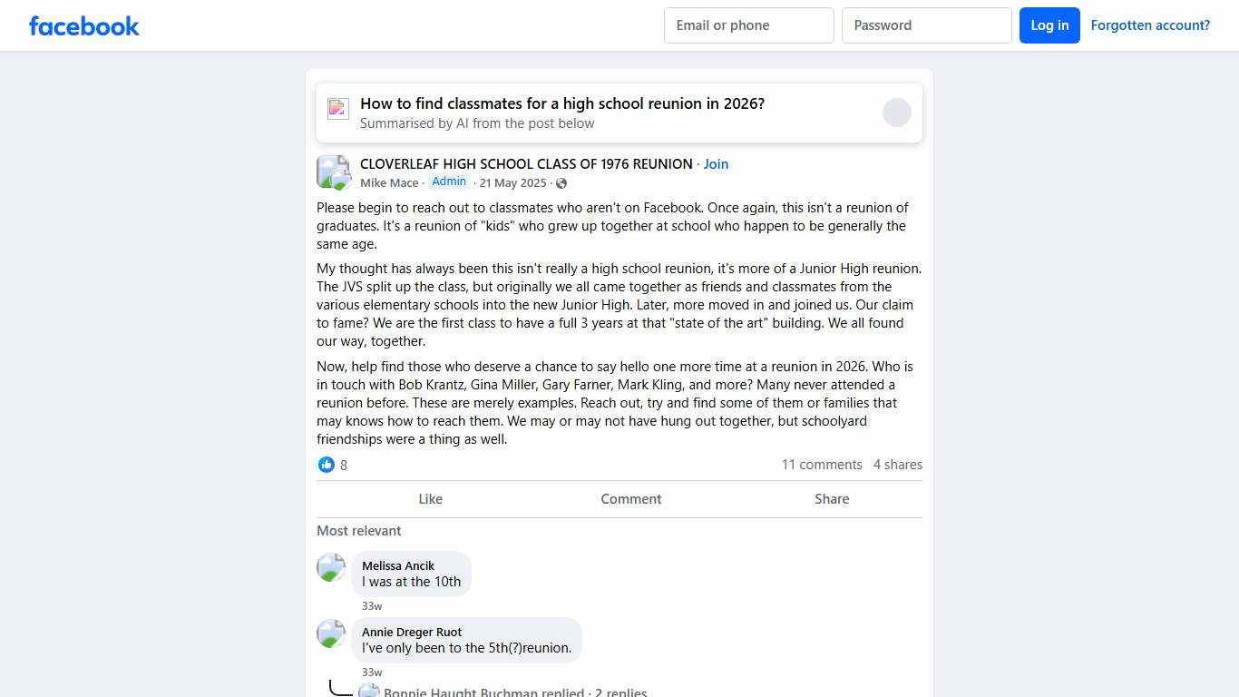 CLOVERLEAF HIGH SCHOOL CLASS OF 1976 REUNION | Please begin to reach out to classmates who aren't on Facebook | Facebook